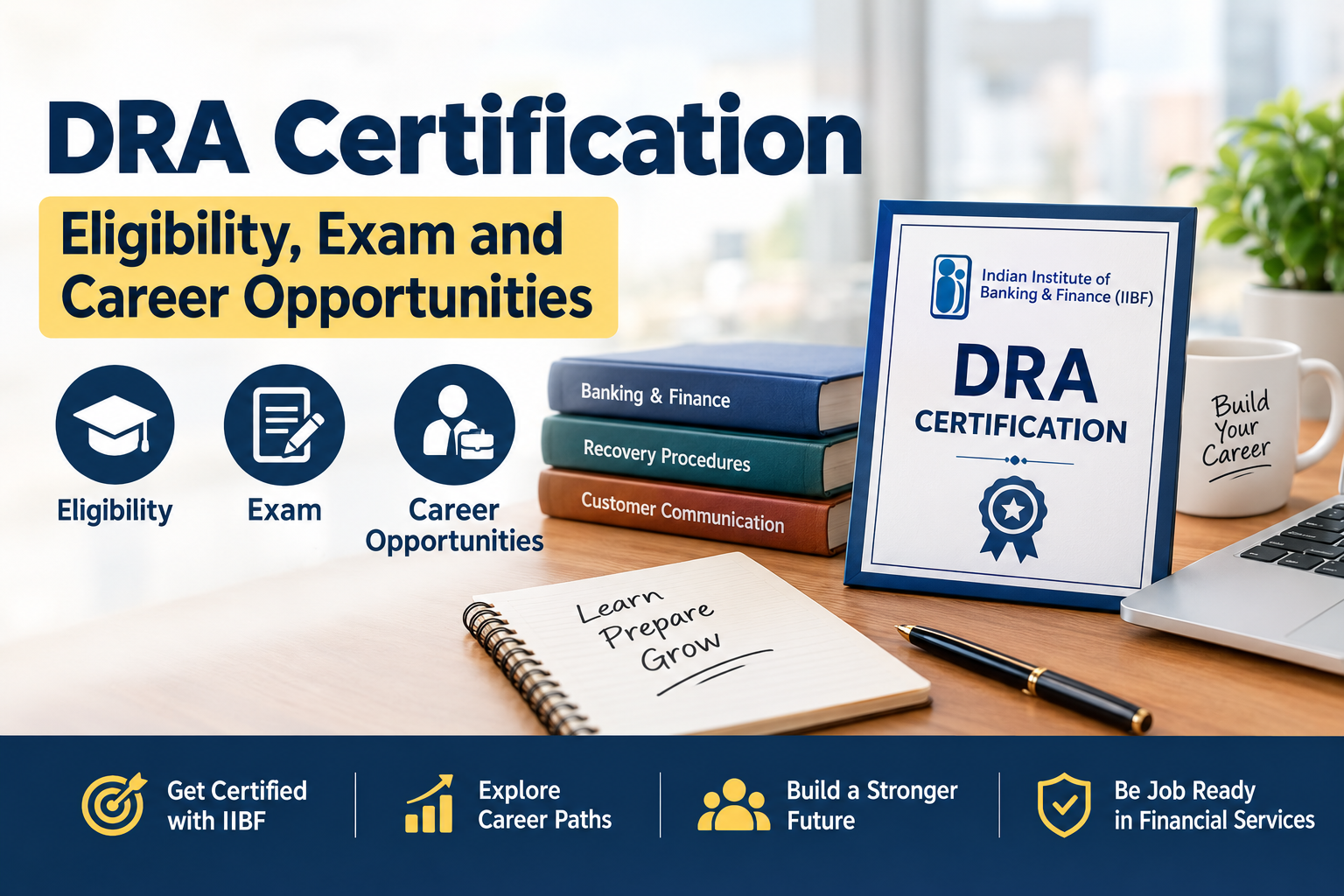DRA certification in India infographic highlighting IIBF eligibility, exam preparation, banking career opportunities, and debt recovery agent certification.